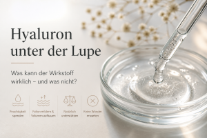 Infografik zu Hyaluron: Pipette mit Hyaluronsäure über einer Glasschale, daneben Text „Hyaluron unter der Lupe“ und Hinweise zu Wirkung wie Feuchtigkeit, Faltenminderung und natürliche Hautunterstützung.
