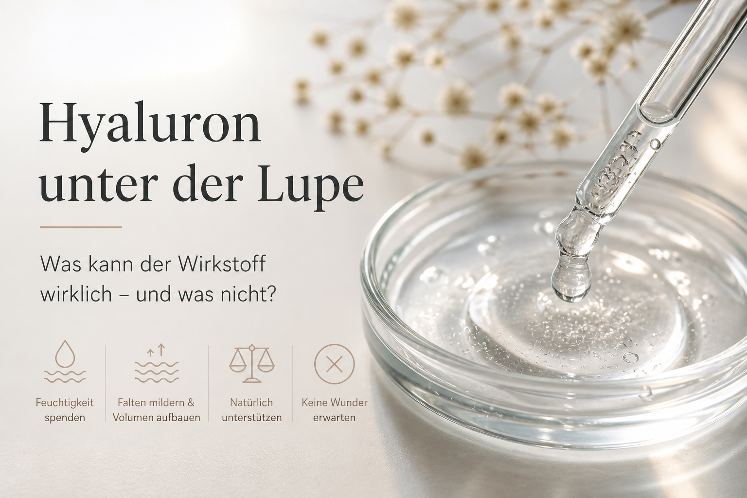 Infografik zu Hyaluron: Pipette mit Hyaluronsäure über einer Glasschale, daneben Text „Hyaluron unter der Lupe“ und Hinweise zu Wirkung wie Feuchtigkeit, Faltenminderung und natürliche Hautunterstützung.